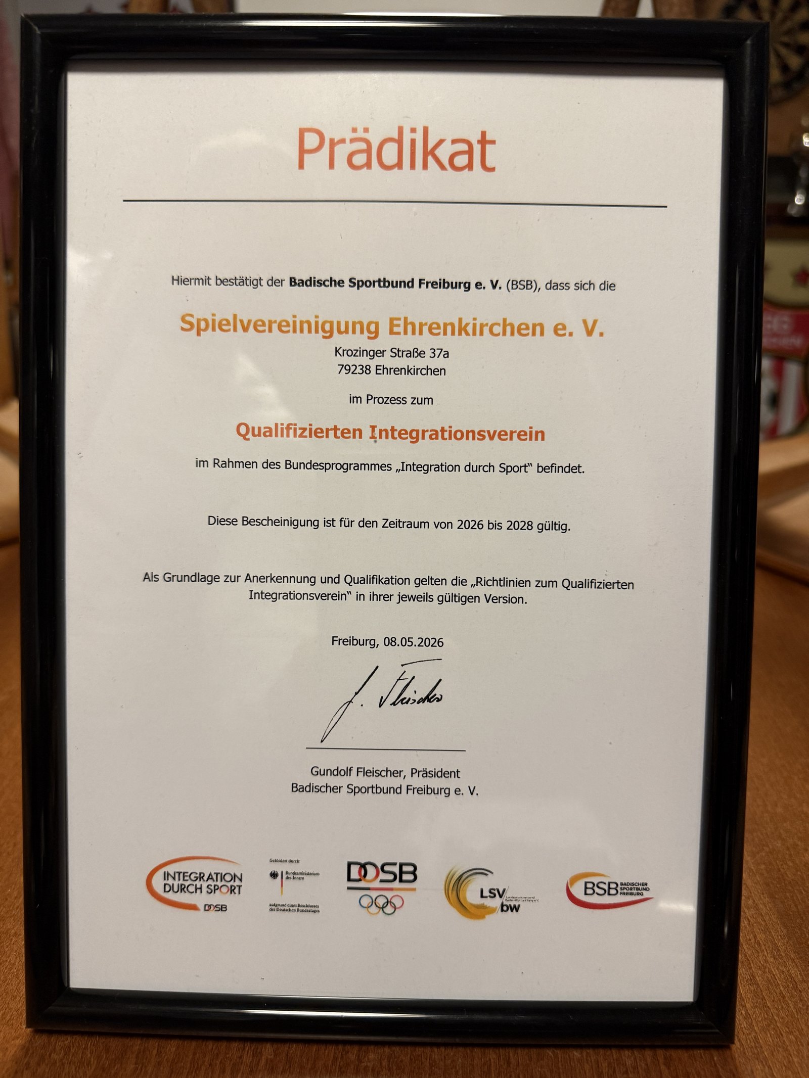 Prädikatsurkunde des Badischen Sportbunds Freiburg für die SPVGG Ehrenkirchen als Qualifizierter Integrationsverein, gültig von 2026 bis 2028