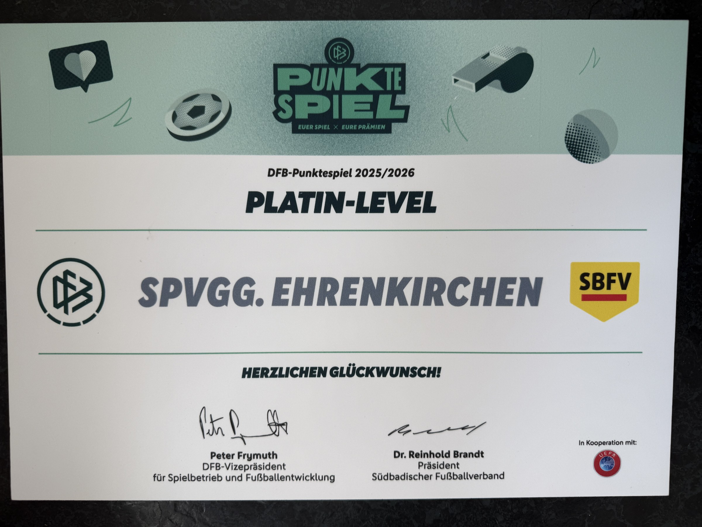 Platin-Urkunde des DFB-Punktespiels 2025/2026 für die SPVGG Ehrenkirchen